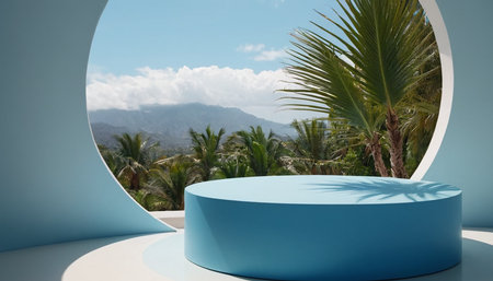 A bright blue cylindrical podium is positioned in the foreground. Behind it, a large circular opening reveals a lush tropical landscape with numerous palm trees and distant mountains under a bright blue sky with scattered clouds. The scene is illuminated by sunlight, casting shadows from palm fronds onto the podium.の素材