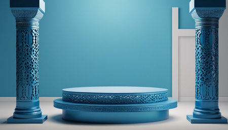 Two ornate blue columns flank a circular blue pedestal against a smooth teal background. The columns feature intricate cutout patterns and decorative bands. The pedestal has a tiered with a textured upper surface. The lighting creates subtle shadows, highlighting the geometric details of the architecturalの素材
