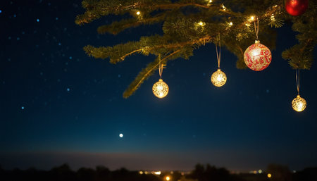 A fir tree branch with Christmas ornaments hangs against a dark blue night sky dotted with stars. Several round ornaments are visible, including one large red ornament and smaller gold ornaments with intricate cut-out patterns. Small, warm-toned lights are strung along the branch, and the ornaments themselves glow softly. In the distance, a faint silhouette of trees and a blurred line of city lights can be seen.の素材