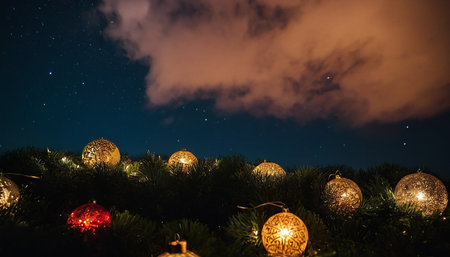 A close-up view of Christmas ornaments and lights nestled within dark green pine branches. Several golden, patterned ornaments are visible, along with one red ornament that glows from within. Tiny white lights are interspersed among the branches. The background is a deep blue night sky dotted with stars, and a large, illuminated cloud formation stretches across the upper portion of the frame.の素材