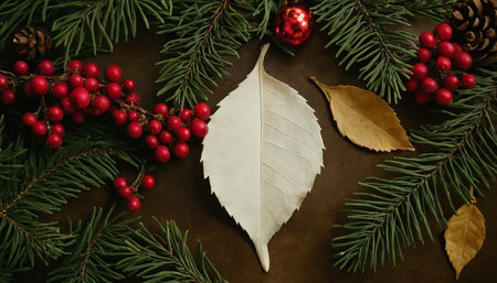 A flat lay arrangement of Christmas wreath Dark green pine branches frame a central, pale white leaf with visible veins. Clusters of bright red berries and a shiny red bauble are scattered among the branches. Two dry, golden-brown leaves are also present, one larger and one smaller. Pinecones are visible on the left and right edges. The background is a dark, textured surface.の素材