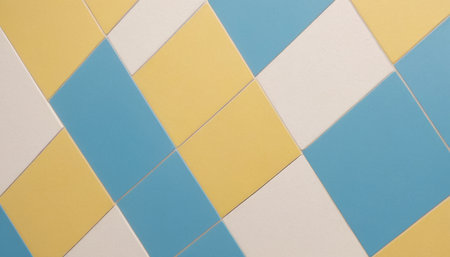A close-up view of a tiled surface featuring a repeating diamond pattern. The tiles are arranged in alternating colors of bright blue, soft yellow, and white. The grout lines are thin and light gray, creating a subtle grid that defines the geometric shapes. The lighting is even, highlighting the matte finish of the tiles.の素材