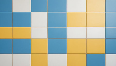 A repeating pattern of square tiles in blue, white, and yellow. The tiles are arranged in a grid with a slight offset, creating a checkerboard-like effect. The surface appears smooth and matte. tile, pattern, background. blue white yellow square tile pattern backgroundの素材