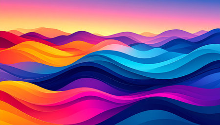 A vibrant abstract landscape undulating waves of color. The foreground is dominated by bright oranges, yellows, and pinks, transitioning into deep blues and purples in the midground. The background sky a soft gradient of pink and yellow, resembling a sunset or sunrise. The smooth, layered waves create a sense of depth and movement.の素材