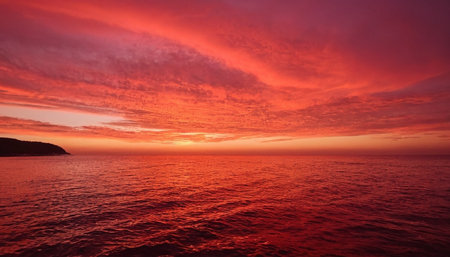 A vibrant sunset paints the sky in fiery shades of red, orange, and pink. Wispy clouds are scattered across the upper atmosphere, catching the warm light. The calm ocean water below reflects the intense colors of the sky, creating a deep red hue. A dark silhouette of a distant island or coastline is visible on the left horizon.の素材