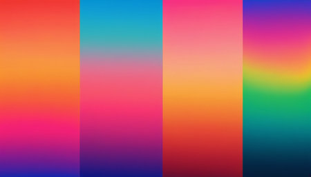 Four vertical rectangular sections display smooth color gradients. The leftmost section transitions from bright orange at the to deep purple at the bottom. The second section goes from bright blue to vibrant pink. The third section a gradient from light orange to deep red. The rightmost section a rainbow-like blend of yellow, green, and teal.の素材