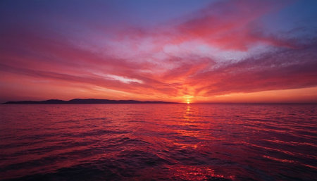 A vibrant sunset paints the sky with fiery hues of red, orange, and pink, transitioning to deep purple at the Wispy clouds are illuminated by the setting sun, which casts a golden reflection on the deep red, rippling ocean surface. A dark, silhouetted mountain range or island is visible on the distant horizon.の素材