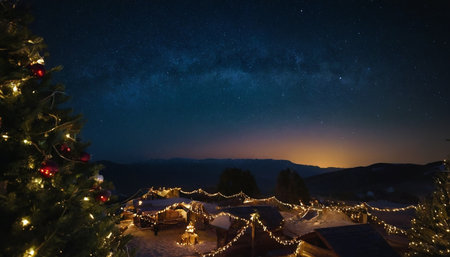 A decorated Christmas tree with red ornaments and warm white lights stands in the foreground. In the background, a small village is illuminated by strings of festive lights, nestled among snow-covered ground and dark mountains under a deep blue night sky filled with stars and the Milky Way.の素材