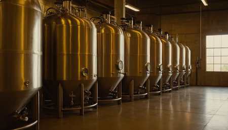 A row of large, shiny stainless steel fermentation tanks stands in a spacious industrial interior. The tanks are tall and cylindrical with conical bottoms, supported by metal legs. Pipes and valves are visible on the tanks, and some circular gauges. The floor is smooth concrete, reflecting the metallic sheen of the tanks. Natural light streams in from a large, grid-patterned window on the right side of the frame, illuminating the scene.の素材