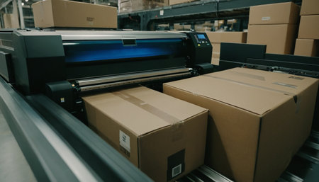 A large industrial printer with a blue illuminated section is positioned over a conveyor belt. Cardboard boxes are moving on the belt, with one box directly beneath the printer's head. The printer has a digital display and buttons on its right side. In the background, more cardboard boxes are stacked on shelves in a warehouse setting.の素材