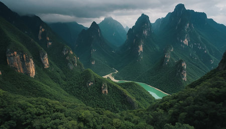 A wide shot of a deep valley carved by a winding turquoise river. Steep, lush green mountains covered in dense trees rise on either side. Rocky outcrops and sheer cliffs are visible on the mountain slopes. The sky above is overcast with dark, dramatic clouds, casting a moody atmosphere over the landscape.の素材