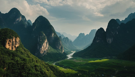 A wide vista of a lush green valley cradled by dramatic, dark green karst mountains. A winding river flows through the valley floor, bordered by vibrant green terraced fields that catch the sunlight. The sky is filled with soft, diffused clouds, and a gentle haze softens the distant mountain peaks, creating a sense of depth and atmosphere.の素材