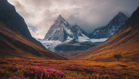 A dramatic mountain landscape under a cloudy sky. A sharp, snow-covered peak with a visible glacier dominates the center. The foreground a valley with slopes covered in dry orange and brown vegetation, interspersed with patches of vibrant pink flowers. Dark, steep mountain slopes frame the scene on either side.の素材