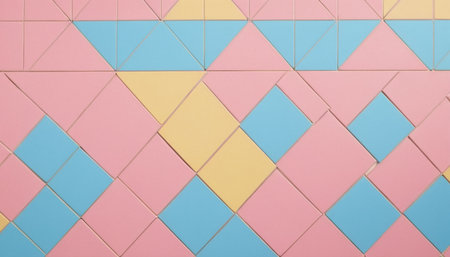 A close-up view of a wall covered in a geometric pattern of pink, blue, and yellow squares and triangles. The shapes are arranged in a repeating, diagonal pattern with thin lines separating each tile. The colors are soft and pastel, creating a gentle and visually appealing abstractの素材