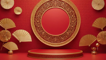 A red stage with a circular gold ornate frame on a red textured background. Several gold paper fans are arranged around the stage and frame. A small golden decorative sits on the right side of the stage. The overall scene is festive and traditional, with a strong emphasis on red and gold colors.の素材
