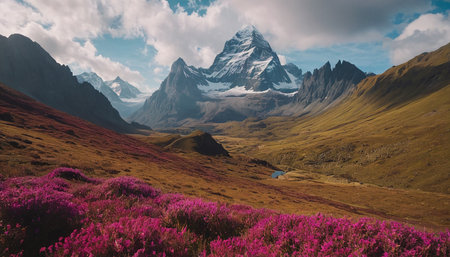A vast mountain landscape under a cloudy blue sky. In the foreground, a dense field of vibrant purple wildflowers blankets a sloping hillside. Beyond, a wide valley opens up, with rolling hills of golden and green grass. In the distance, a dramatic, snow-capped mountain peak dominates the horizon, with jagged rocky formations on either side. A small, dark blue lake is visible in the valley.の素材