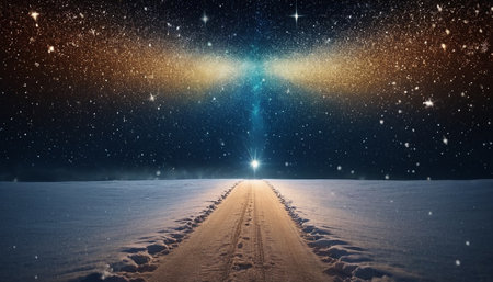 A snow-covered road stretches into the distance under a dark night sky filled with countless stars and a glowing golden and blue nebula. Snowflakes gently fall, and a bright star shines at the end of the road, creating a sense of wonder and a journey into the unknown.の素材