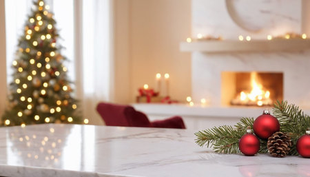A festive interior scene with a decorated Christmas tree on the left, illuminated by warm lights. In the center, a fireplace glows with a bright fire. In the foreground, a marble surface red Christmas ornaments, a pinecone, and a pine branch. The background soft lighting and a hint of a red chair.の素材