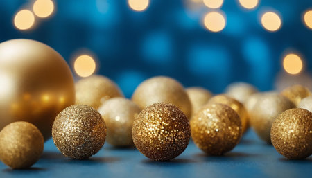 A detailed close-up view of several golden Christmas ornaments positioned on a deep blue surface. The foreground is dominated by a few larger, shimmering baubles, some with a fine glitter finish, while smaller ones are scattered behind. The background is a soft blur of warm, golden bokeh lights, creating a dreamy and festive atmosphere. The shallow depth of field emphasizes the texture and metallic sheen of the ornaments, the viewer's eye to their intricate details. The conveys a sense of...の素材