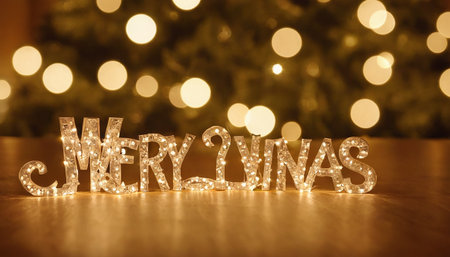 A close-up shot of illuminated "MERRY XMAS" lettering placed on a wooden surface. The letters are outlined with small, bright lights, casting a warm glow. In the background, a Christmas tree with soft, out-of-focus golden bokeh lights creates a festive and cozy atmosphere. The shallow depth of field blurs the background, emphasizing the illuminated text.の素材