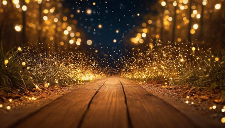 A low-angle view of a rustic wooden path stretching into the distance. The path is bordered by grass and foliage illuminated by numerous small, warm golden fairy lights that create a sparkling, bokeh effect. The background is dark with more blurred golden lights suggesting trees or a festive atmosphere.の素材