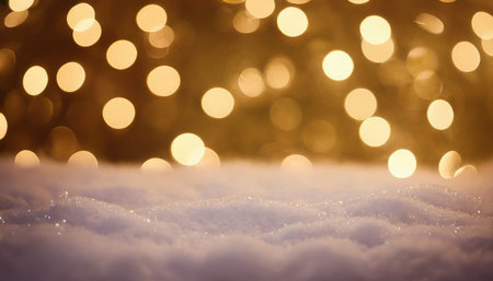A close-up view of soft, white snow drifts forms the foreground, with a gentle texture and subtle sparkle. Behind the snow, a warm golden bokeh effect creates a blurred background of luminous circles. conveys a feeling of peaceful winter solitude and cozy warmth, holiday themes or as a serene backdrop. The soft lighting and gentle textures create an inviting and atmospheric visual.の素材