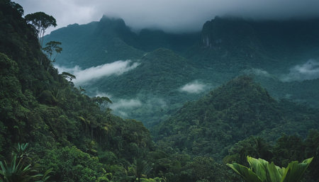 A dramatic vista of rugged mountain peaks emerging from a sea of dense tropical rainforest. Wisps of white mist and clouds cling to the slopes and drift between the summits, creating an ethereal and moody atmosphere. The dominant color is a deep, rich green, indicative of a thriving, humid ecosystem. The scene conveys a sense of wild, untouched natural beauty.の素材