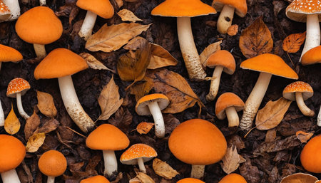 presents a detailed overhead perspective of numerous orange mushrooms interspersed with dry, fallen autumn leaves. The fungi exhibit a range of sizes and forms, some with smooth, rounded caps and others with visible gills. The surrounding leaves are in various shades of brown, ochre, and muted orange, signifying the fall season. The dark, rich soil forms the backdrop, accentuating the vivid colors of the mushrooms and foliage. The composition highlights the intricate details and organic...の素材