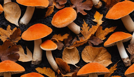 An overhead view captures a rich tapestry of the autumn forest floor, featuring an abundance of orange mushrooms and scattered brown leaves. The mushrooms, in various stages of growth, are the focal point, their bright caps contrasting with the dark soil and the muted hues of the fallen foliage. The highlights the intricate details of the fungi's gills and stems, as well as the textures of the decaying leaves and the earthy ground.の素材