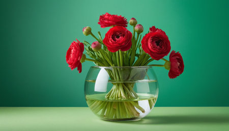 A generous bouquet of bright red ranunculus flowers is arranged in a clear, spherical glass vase. The flowers display their characteristic layered petals, with some buds still closed, suggesting ongoing bloom. The stems are neatly bundled and submerged in clear water, reflecting the light. The backdrop is a smooth, gradient green, providing a clean and contrast to the rich red of the flowers. The composition emphasizes the fullness and beauty of the floral display.の素材