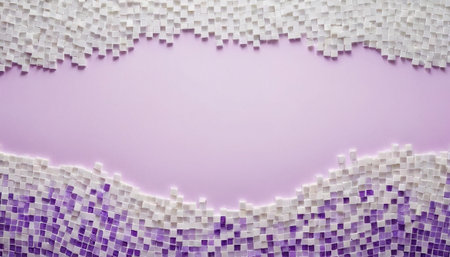 A soft lavender colored center provides ample negative space in this abstract composition. This central area is framed by two undulating, wavy borders composed of small, square mosaic tiles. The tiles in the borders alternate between white and shades of purple, creating a visually interesting textured edge that appears to organically emerge from the background. The contrast between the smooth, soft center and the textured, geometric borders creates a dynamic yet harmonious aesthetic.の素材