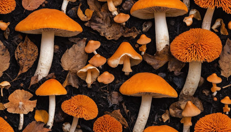 presents a detailed, top-down view of various orange mushrooms nestled amongst dried fallen leaves on a dark, earthy forest floor. The fungi display a range of cap shapes and sizes, some with prominent gills visible on their undersides, and all supported by slender white stems. The surrounding leaves are in various stages of decay, displaying warm autumnal hues of brown and yellow. The dark, textured ground provides a dramatic backdrop, emphasizing the vivid orange of the mushrooms and the...の素材