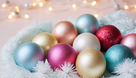 A close-up shot showcases a collection of round Christmas ornaments in various pastel metallic and glitter finishes. They are nestled within a fluffy white faux fur creating a soft and inviting texture. In the background, a bokeh effect of warm, glowing lights adds a festive and magical ambiance, suggesting a holiday celebration. The colors include soft blues, pinks, gold, and magenta, creating a harmonious and display.の素材