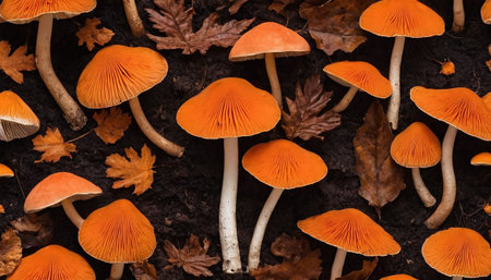 An abundant display of orange mushrooms and fallen autumn leaves is captured in this close-up, overhead shot on a dark, rich soil surface. The mushrooms vary in size and shape, with many showing their vibrant orange caps and delicate gill structures. The dried leaves, in shades of brown and rust, are spread across the scene, enhancing the autumnal mood. The dark soil provides a deep, contrasting base that makes the colors of the fungi and foliage pop, creating a visually rich and textured...の素材