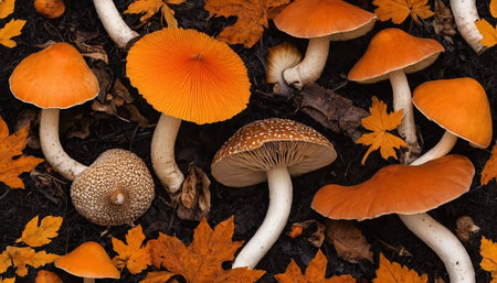A diverse collection of mushrooms, including vibrant orange varieties and a distinct spotted brown fungus, are arranged on dark soil amidst fallen autumn leaves. The is a close-up, revealing the intricate details of each specimen, such as the textured caps, white stems, and the delicate gills. The surrounding leaves, in shades of orange and brown, contribute to the autumnal atmosphere. This composition highlights the variety within the fungi kingdom and the natural beauty of a forest floor...の素材