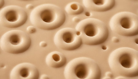 A detailed macro an abstract pattern of beige toroidal or ring-shaped forms, resembling tiny donuts. Each ring a central depression or hole, and some are accompanied by smaller, spherical bubbles. The surface appears smooth and fluid, with the lighting accentuating the three-dimensional of the shapes and their precise arrangement. This composition suggests a scientific or organic structure at a microscopic level.の素材