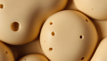 presents an abstract, close-up view of a beige dough substance. The surface is characterized by a mix of smooth, rounded shapes and irregular, circular holes of varying sizes. Tiny air bubbles are visible within some of the indentations, adding to the textural complexity. The color is a soft, creamy beige, and the lighting highlights the subtle contours and depths of the It evokes a sense of organic formation and the intricate details found in food preparation.の素材