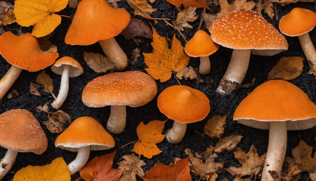 presents a detailed overhead view of various orange mushrooms nestled on dark soil, accompanied by scattered dried autumn leaves. The fungi exhibit a range of shapes and sizes, with some caps featuring subtle white speckles. The fallen leaves are in hues of yellow, orange, and brown, contributing to the autumnal atmosphere. The dark soil provides a contrasting base, allowing the vibrant colors of the mushrooms and leaves to stand out. The composition is rich in texture and natural detail.の素材