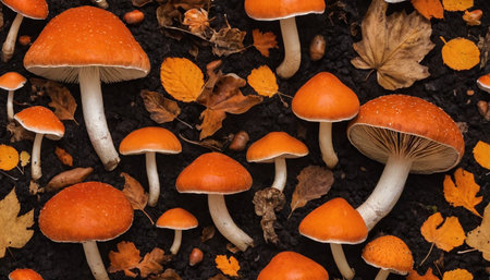 An overhead view reveals a dense arrangement of bright orange mushrooms and scattered autumn leaves on dark woodland soil. The fungi are presented in various sizes and forms, some with prominent caps and stems, others smaller and more delicate. The rich, dark earth provides a strong contrast to the vivid orange, attention to the natural beauty and intricate details of the scene. The fallen leaves add a touch of seasonal color and texture to this detailed depiction of the forest floor.の素材