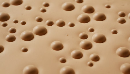 An abstract macro shot reveals a creamy beige liquid surface filled with numerous spherical bubbles of varying sizes. The bubbles are smooth and rounded, creating a dynamic and organic pattern across the frame. Some bubbles are small and clustered, while others are larger and more prominent. The lighting accentuates the glossy, slightly viscous nature of the liquid and the delicate contours of the bubbles. evokes a sense of fluidity, aeration, and abstract natural formations.の素材