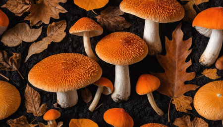 presents a detailed, top-down perspective of several bright orange mushrooms, their caps exhibiting a distinct textured or ribbed pattern. They are arranged amidst a collection of dry, fallen autumn leaves in warm hues of brown and orange. The dark, textured ground provides a stark contrast to the vivid fungi. The focus is on the intricate details of the mushroom caps and stems, the delicate structure of the gills, and the varied textures of the surrounding foliage, highlighting the organic...の素材