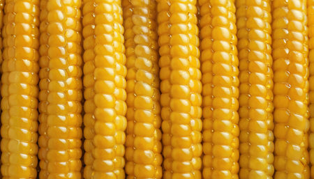 A tight close-up shot reveals the intricate texture of tightly packed yellow corn kernels arranged in distinct vertical rows. The kernels are plump and a uniform, bright yellow color, with a slight sheen that suggests freshness. The repetitive pattern of the kernels creates a visually engaging and almost abstract composition. focuses on the fine details and the natural beauty of the corn kernels, backgrounds or illustrating food-related concepts.の素材