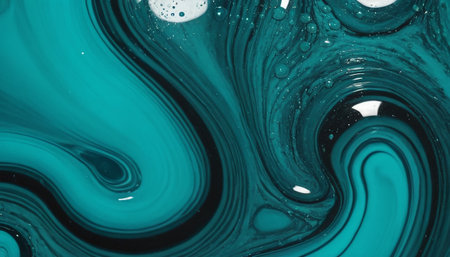 A close-up view reveals the complex beauty of swirling teal and black liquids. The fluid forms create dramatic curves and lines, with areas of deep black contrasting sharply with the vibrant teal. Small, reflective bubbles are suspended within the liquid or rest on the surface, catching the light and adding a sense of depth. The texture is rich and varied, with smooth, glossy areas juxtaposed against more textured regions, creating a visually and dynamic composition.の素材