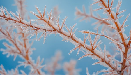 This macro shot captures the exquisite detail of frost clinging to slender branches. The ice crystals form intricate, feathery patterns along the twigs, contrasting with the smooth, pale blue of the sky. The evokes a sense of cold, stillness, and the delicate beauty of winter's touch on nature.の素材