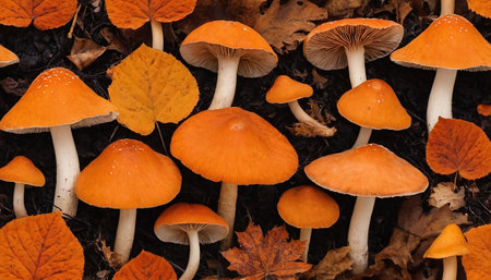 offers a detailed, close-up perspective of numerous bright orange mushrooms scattered across a dark, earthy surface. Interspersed with the fungi are fallen leaves in various shades of orange and brown, characteristic of the autumn season. The textures of the mushroom caps, stems, and the delicate gills are clearly visible, as are the intricate patterns of the decaying foliage. The composition highlights the natural beauty and diversity found on a forest floor during fall.の素材