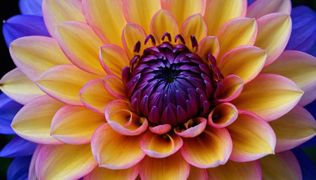 This macro offers an intimate look at a dahlia flower, highlighting the delicate interplay of colors and forms. The center of the bloom is a rich, deep purple, transitioning outwards through shades of yellow and pink. The outer petals show a hint of blue, adding another layer to the vibrant palette. The sharp focus captures the fine details and textures of each petal, emphasizing the flower's natural symmetry and intricate The composition draws the viewer into the heart of the bloom,...の素材