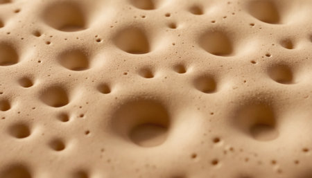 offers an extreme close-up of a beige textured surface, emphasizing its intricate details. The surface is characterized by a dense arrangement of circular indentations of varying sizes, from minute pores to larger, more pronounced depressions. The lighting is soft, highlighting the smooth, curved edges of each hole and creating a subtle sense of depth. The overall impression is one of a highly detailed, abstract, and organic pattern.の素材