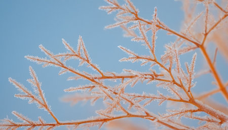 Close-up view of slender orange branches covered in intricate frost crystals. The delicate ice formations create a lacy, sparkling texture against a soft, pale blue sky. The shallow depth of field blurs the background, emphasizing the intricate details of the frozen plant life. The overall mood is serene and peaceful, capturing the quiet beauty of a cold winter morning.の素材