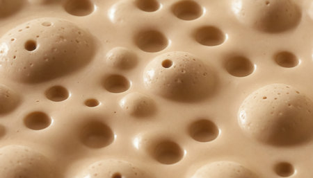 An extreme close-up abstract reveals a beige liquid surface filled with a multitude of air bubbles and crater-like indentations. The bubbles vary in size, from tiny pinpricks to larger, more pronounced spheres, creating a dynamic and porous texture. The liquid itself appears thick and creamy, with a subtle sheen that reflects the light. The deep indentations and the airy texture give the surface a complex and organic feel. The neutral beige color and the intricate pattern make this a...の素材