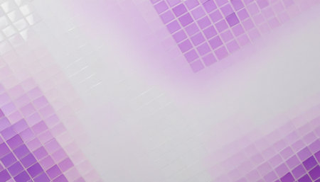An abstract composition showcasing a dynamic arrangement of small, square mosaic tiles. The tiles are predominantly in shades of purple and lavender, interspersed with areas of bright white. The pattern is oriented diagonally, with lines of tiles running from the bottom left towards the right, creating a sense of movement and energy. The varying shades and the subtle sheen on the tiles suggest a smooth, reflective surface with a gentle, layered depth.の素材